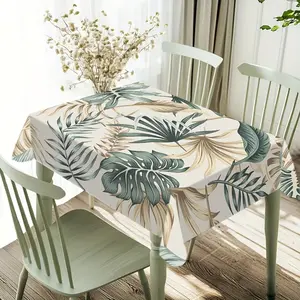 1pc Tropical Leaf Print Tablecloth - Rectangular Polyester Table Cover with Palm Leaf & Tropical Foliage Design, Machine-Made Durable Fabric for Dining, Picnics, Camping, Weddings, Birthday Parties, Outdoor Dining Accessory Outdoor Table Cloth