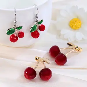 Cherry Fruit Dangle Drop Earrings with Red Cherries and Gold Accents
