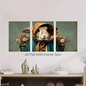2D Flat, 2D Flat, Set of Three, [2D Flat] Framed Pieces, Measuring 12X16 Inches And 16X24 Inches, Featuring a Whimsical Bunny with a Flower Basket. This Charming Spring Rabbit Artwork Serves As Delightful Farmhouse Easter Wall Decor