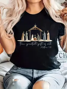 Christmas The Greatest Gift in Christmas Religion The Nativity Manger Scene Pattern Print Large Size Ladies Fashion Casual Round Neck Spring/Summer T-Shirt Local Community Store In Stock Quick Release Soft Cotton Comfort Enjoy Special Discount Suitable fo