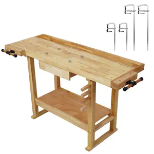 55" Rubberwood Workbench with Grooved Top - Adjustable Jaw Garage Work Table, 4-Pack Mixed Bar Clamps (12"+24")
