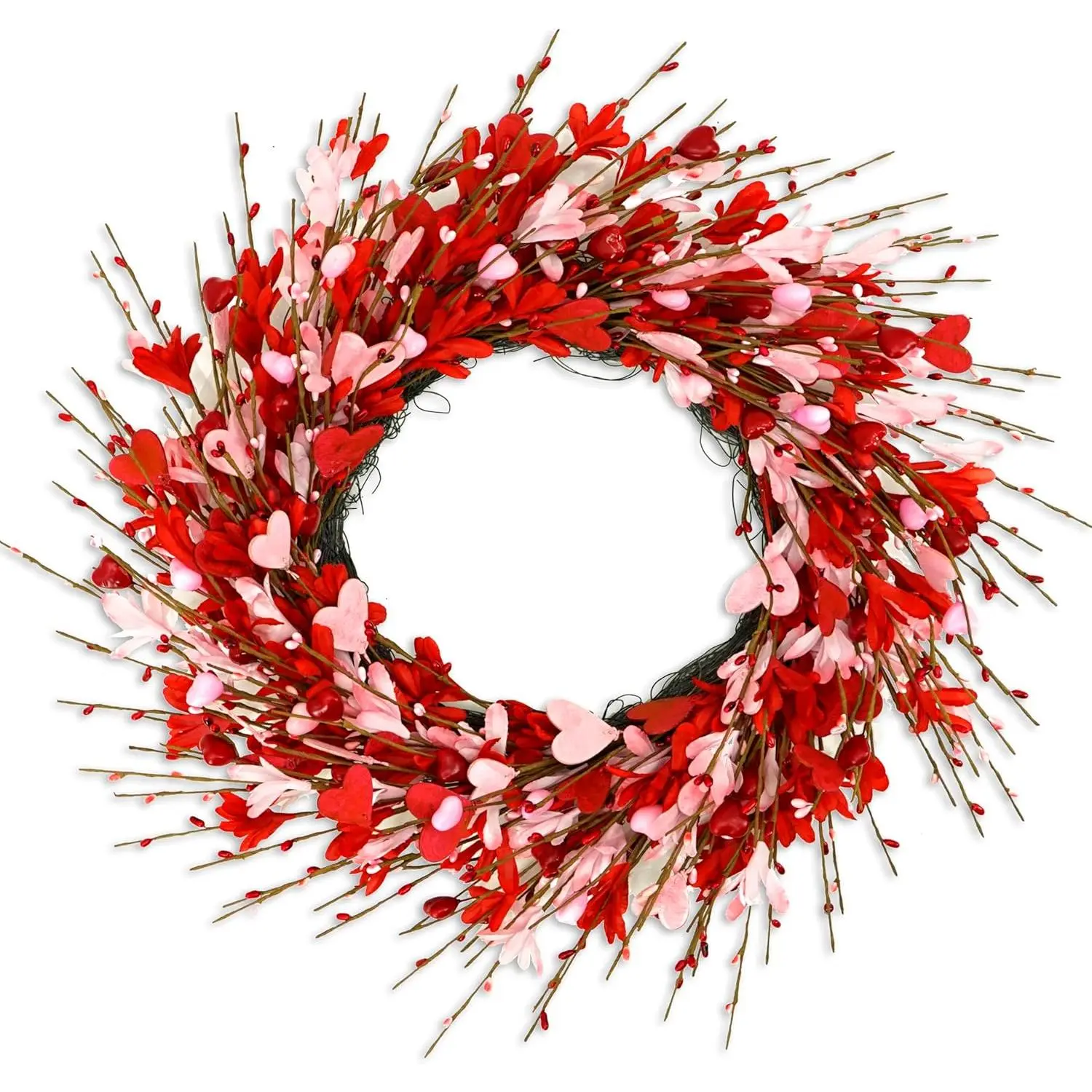 Valentine's Day Wreath for Front Door Valentine Wreath with forsythia ,Pink and red Hearts for Indoor Outdoor Wedding Anniversary Party Home Wall Window Festival Decoration