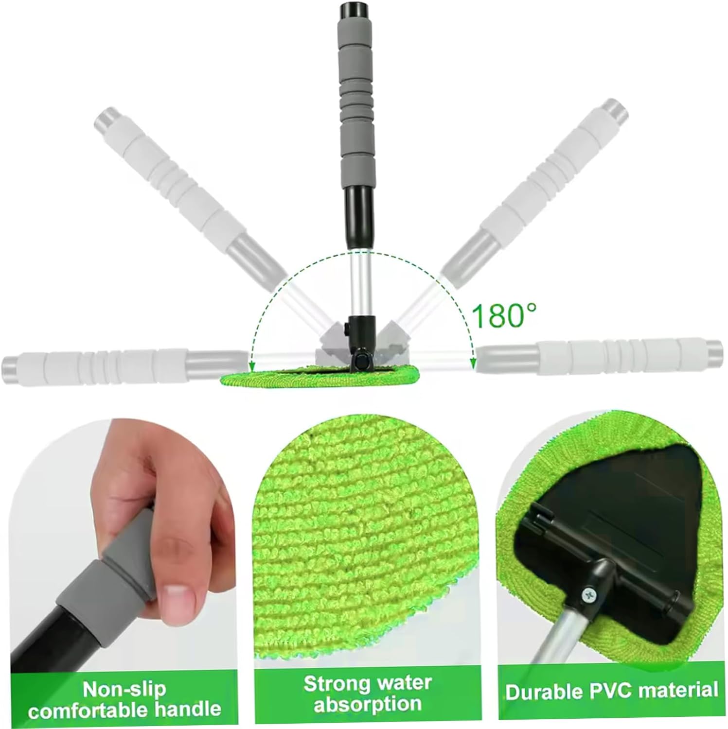 Windshield Cleaner Tool, Car Interior Window Detailing Cleaning Kit with Extendable Handle and 5 Easy-to-Install Reusable Microfiber Pads, Auto Glass Wiper Brush Kit for Car&Home, green, 21in