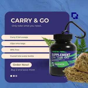 Quench Carry & Go Storage Container for Supplements - BPA Free with Funnel & Clips - Carry 2 Full Scoops - Order Now!