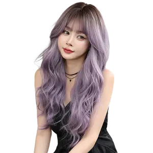 AIKO PRO 24 Inches Long Wavy Curly Wig for Women Purple Gray Synthetic Hair Natural Curly Wig With Airy Bangs Party Cosplay Wig, Ombre Purple