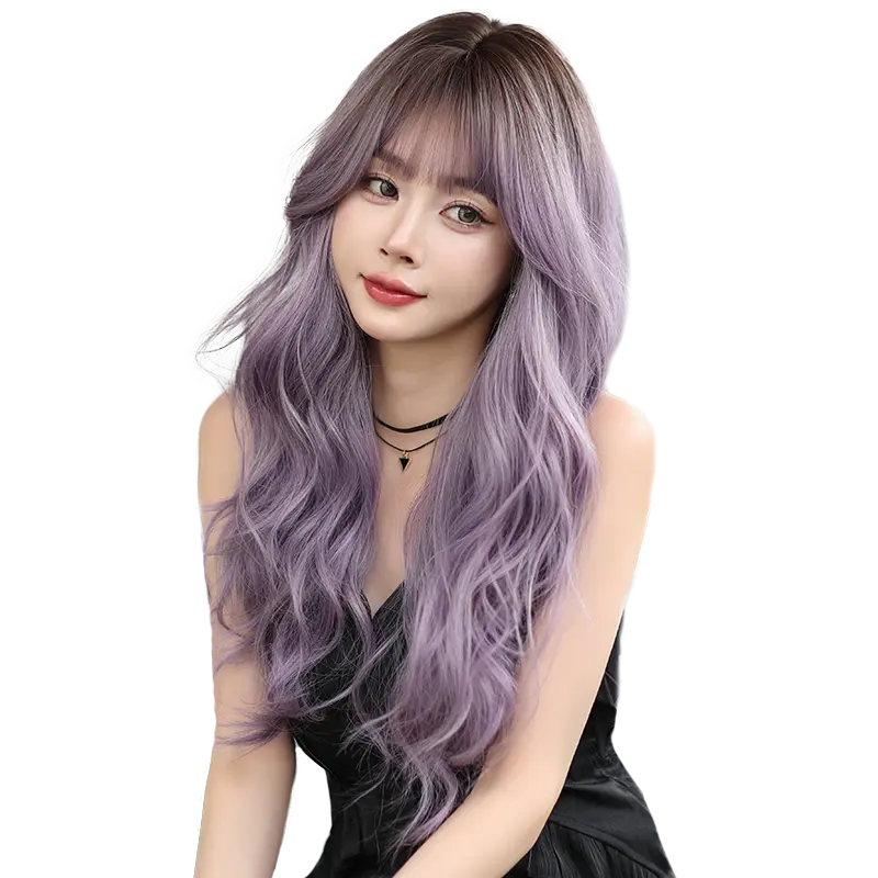 AIKO PRO 24 Inches Long Wavy Curly Wig for Women Purple Gray Synthetic Hair Natural Curly Wig With Airy Bangs Party Cosplay Wig, Ombre Purple