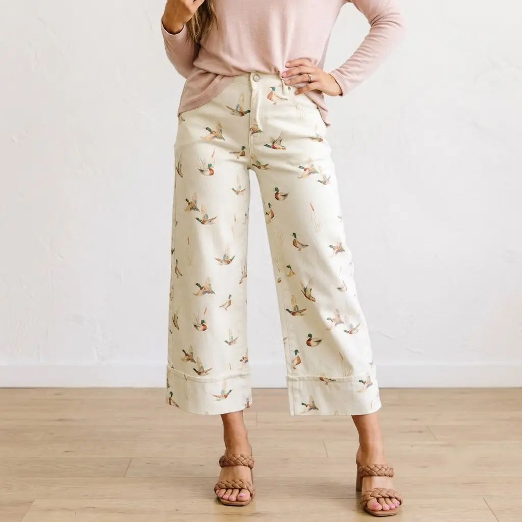 PHEFEE Women's High Waisted Mallard Duck Print Wide Leg Jeans - Crop Hem, All Season Casual Denim Pants with Pockets, Flying Ducks Design, Machine Washable, Multi-Size Womenswear Basics