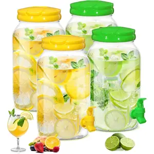4 count 1 Gallon Plastic Drink Dispenser for Parties Clear Plastic Beverage Dispenser Water jar with Spigot and Carrying Lid for Weddings Lemonade Juice Water  , Yellow and Green