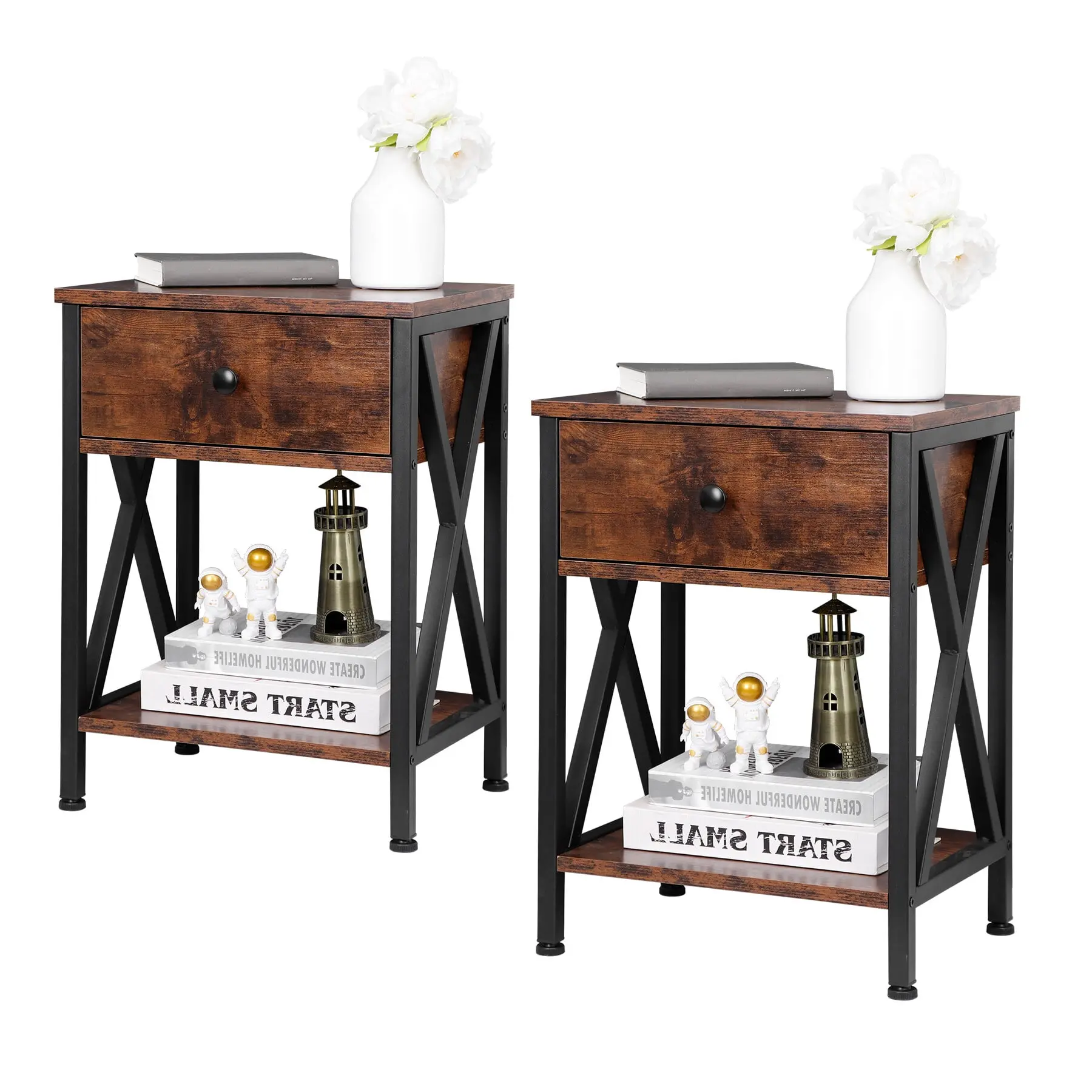 Zeny 2-Pack Rustic Brown Wood Grain End Table - Modern Nightstand, Rustic Retro Industrial Indoor Furniture with Drawers, Lightweight Metal Base, Adjustable ft for Living Room, Bedroom Use, Wood Bedside Table, Nightstand Sets Of 2, Nightstands, Narrow Nig