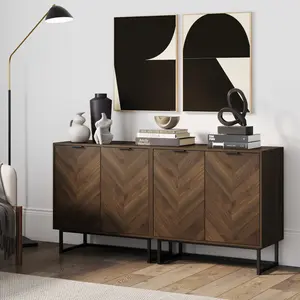 Wood Herringbone Storage Cabinet Credenza Walnut (Set of 2)