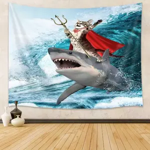 Cat Riding Shark Tapestry, Japanese Style Wall Art, Bedroom Aesthetic, Funny Cat Tapestry for Kids, 60X40 Inch