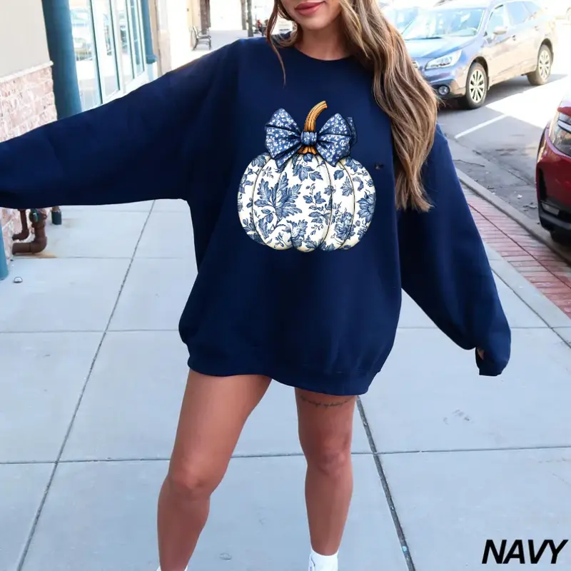 Chinoiserie Pumpkin Sweatshirt, Blue Floral Pumpkin Crewneck, Coquette Fall Sweatshirt, Elegant Thanksgiving Pullover, Vintage Autumn Gift, Pumpkin Season Lounge Wear Top