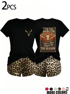 Spring Summer Casual Suit, Soft Breathable Slim Fit, Retro Bull Skull Print, High Waist Leopard Shorts, American Style Cool Look Outfit