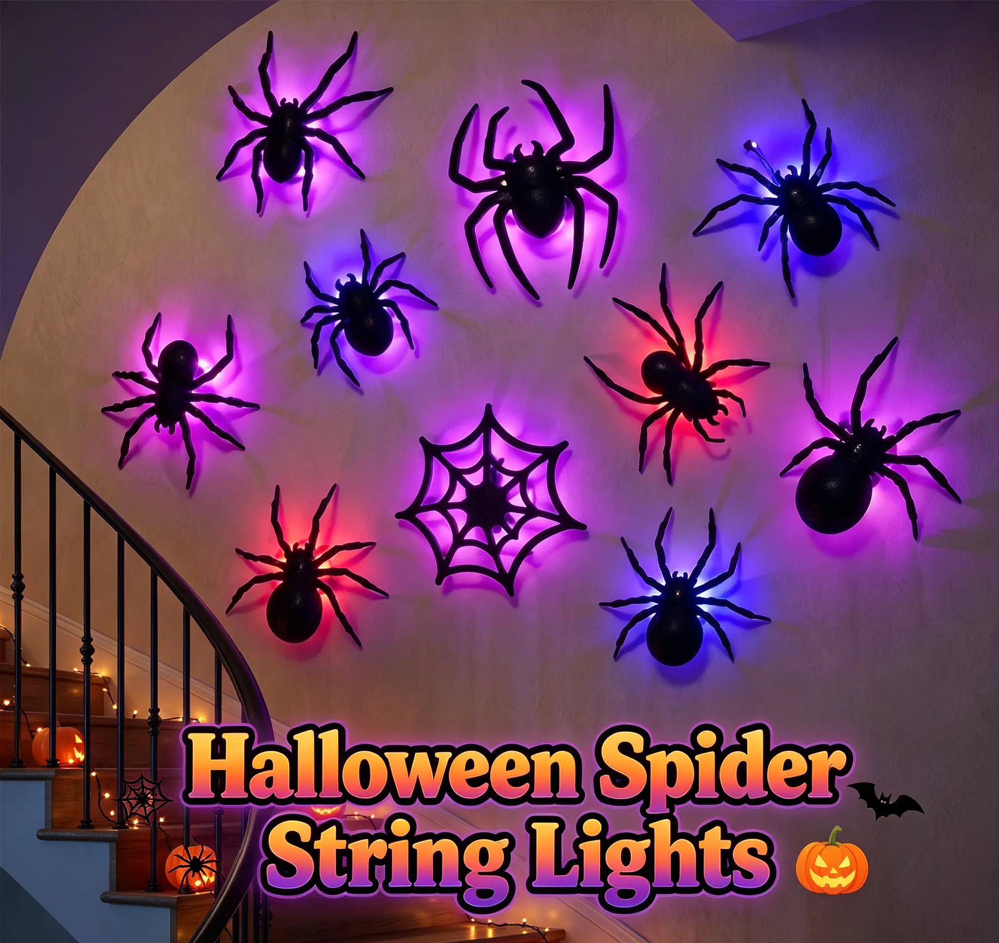 【SummerWins】Halloween Spider String Lights 9/18/27PCS Set, Colorful LED Spiders & Web Lights for Indoor Outdoor Party Decor