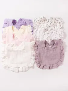 Solid Color Ruffle Trim Baby Bib, Soft Comfortable Breathable Baby Bib, Baby Accessories for Boys & Girls