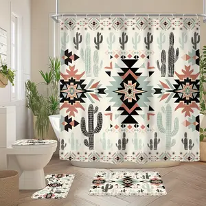 1/4pcs - Western Tribal Cactus Shower Curtain Set, Southwestern Boho Navajo Native American Geometric Ethnic Waterproof Shower Curtain With 12 Hooks, Non-slip Bathroom Floor Mat, Toilet U-Shaped Mat, Cover Mat, Shower Decorative Accessories