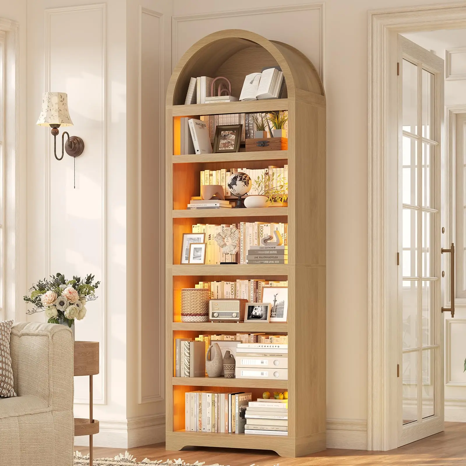 79.4" Arched Cabinet, Bookcase with RGB Light & Adjustable Shelf ,  Modern 7-Tier Bookshelf with Book Risers for Living Room, Kitchen, Home Office, Oak