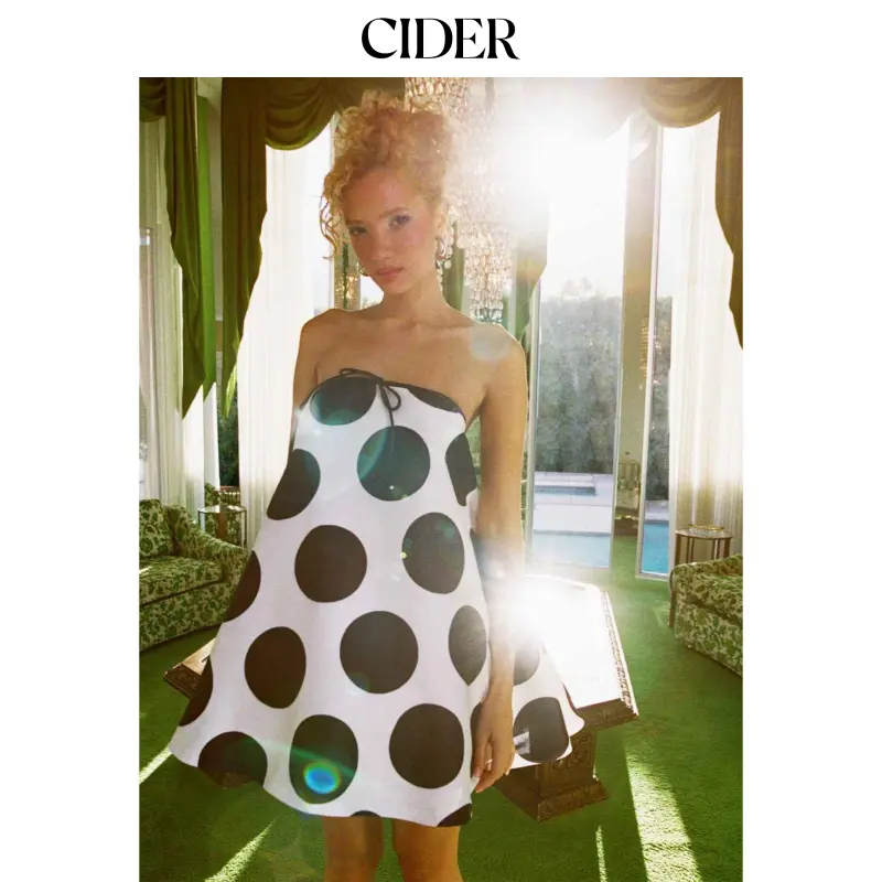 Cider Women's Casual Polka Dot Bandeau Mini Dress - Sleeveless Polyester with a Knotted Front and Shirred Back, No Shoulder, Short Length, Woven
