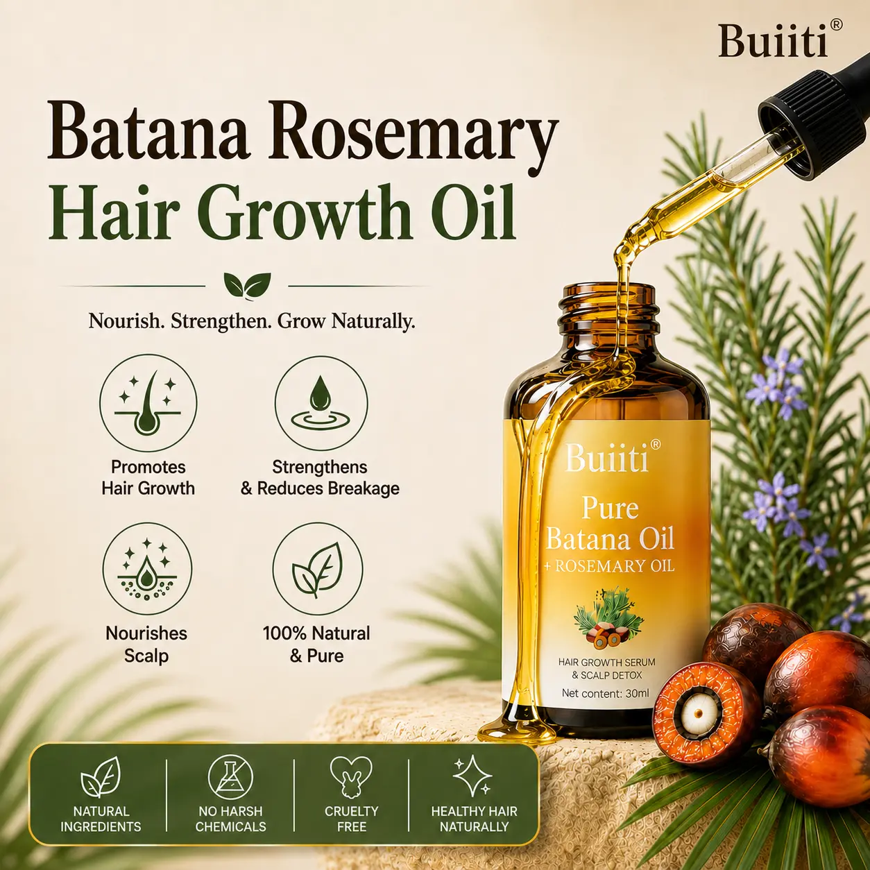 Buiiti Batana & Rosemary Hair Growth Oil for Men & Women - Improve scalp health&Promotes Healthy Hair Growth