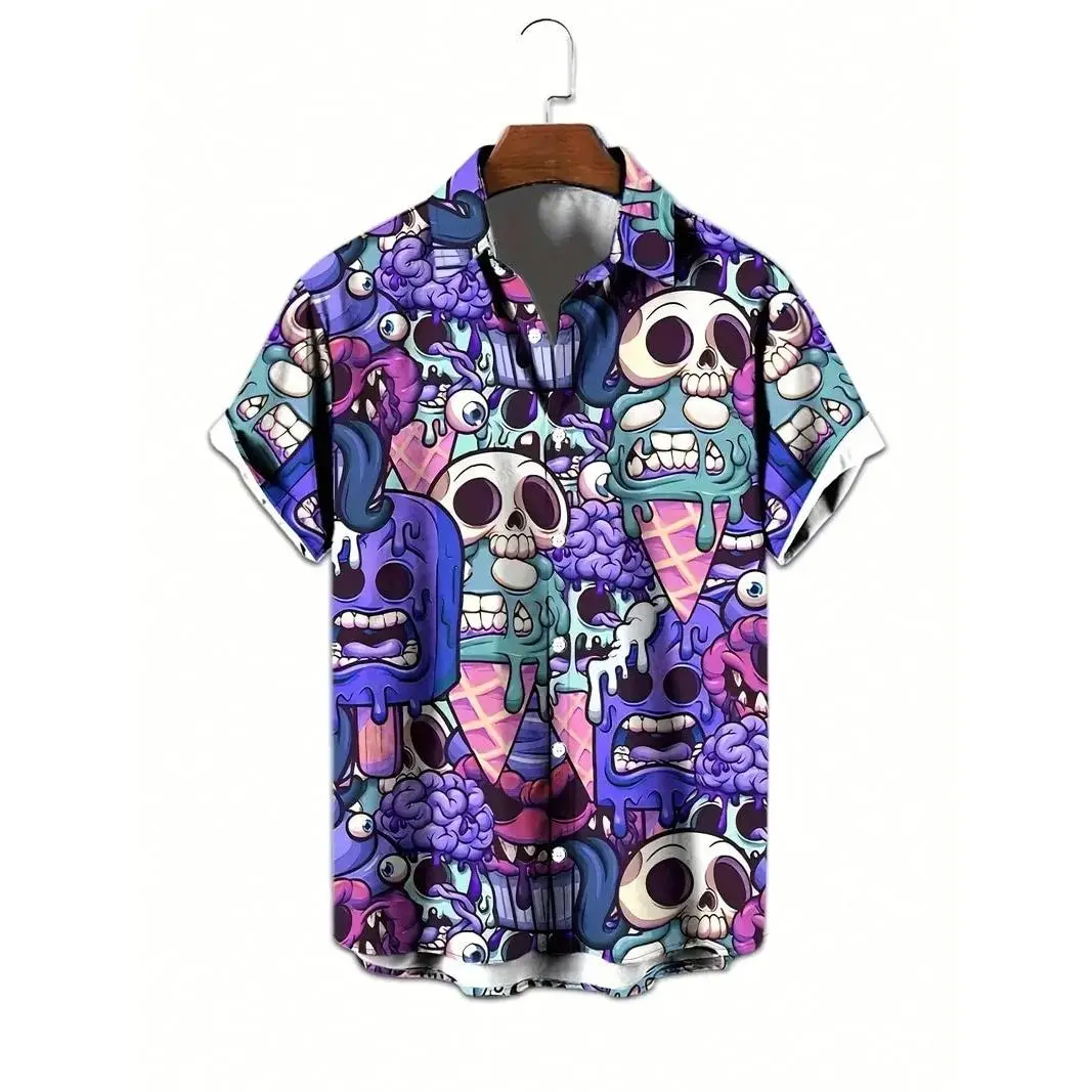 Funny Melting Ice Cream Skull Digital Print Short Sleeve Shirt, Plus Size Hip Hop Casual Flower Shirt, Unisex Streetwear Top, Casual Outings Shirt, Hawaiian Shirt