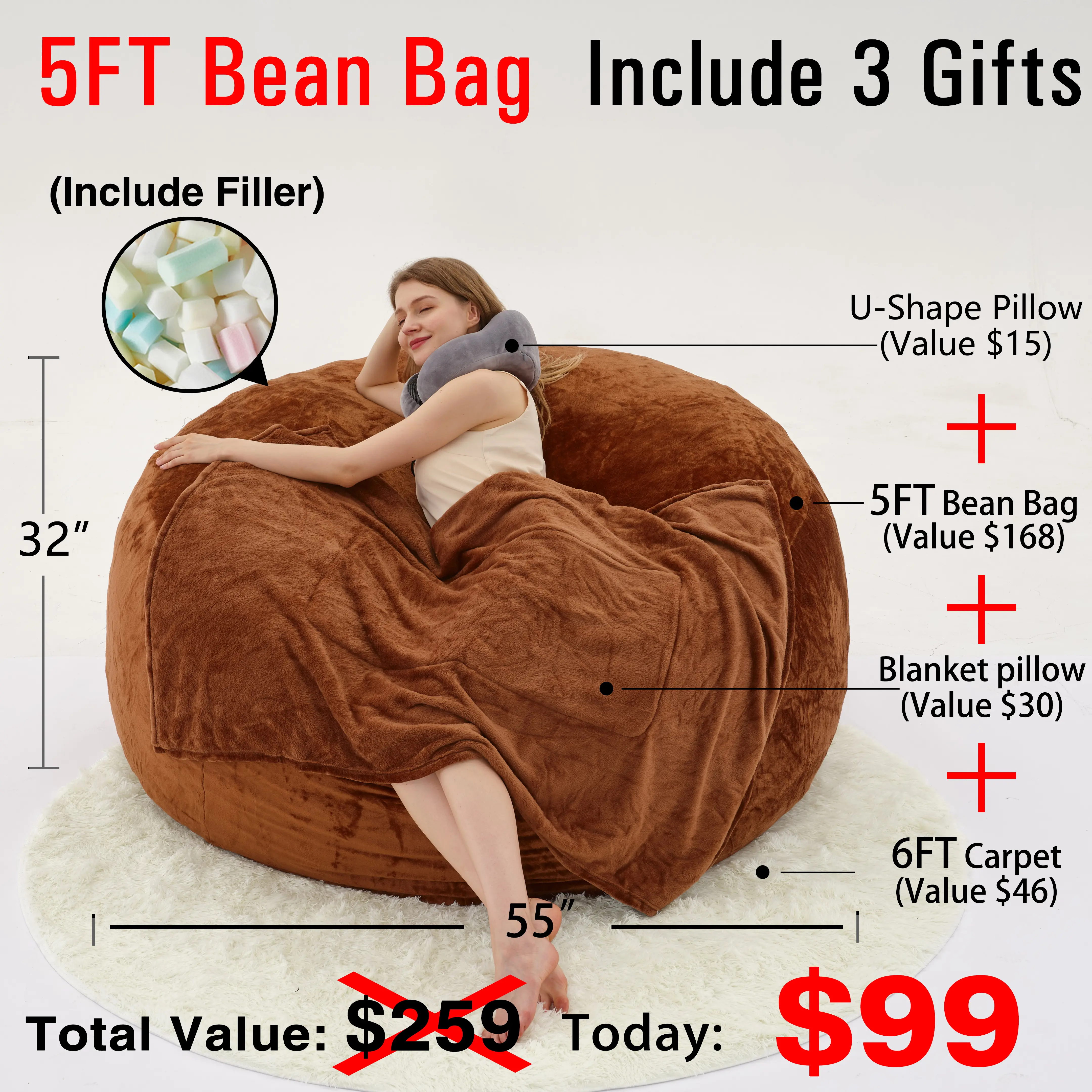5FT Brown(Cover Filler U-pillow Blanket Carpet)