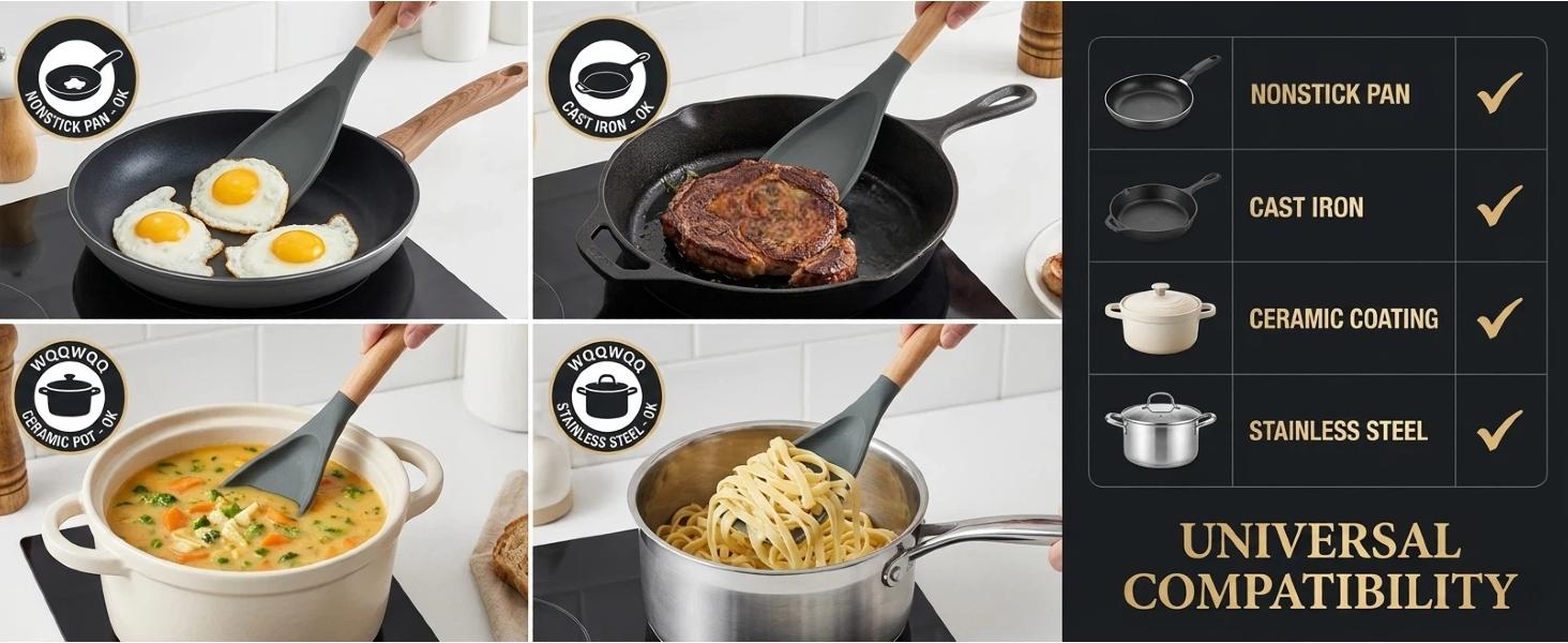 Cedar & Ash Spoonula, 3 in 1 Heat Resistant Silicone Spoon, Black | Multifunction Spatula for Stirring, Scooping & Serving with Wooden Handle Design, Kitchen Utensils Cooking Tools Set