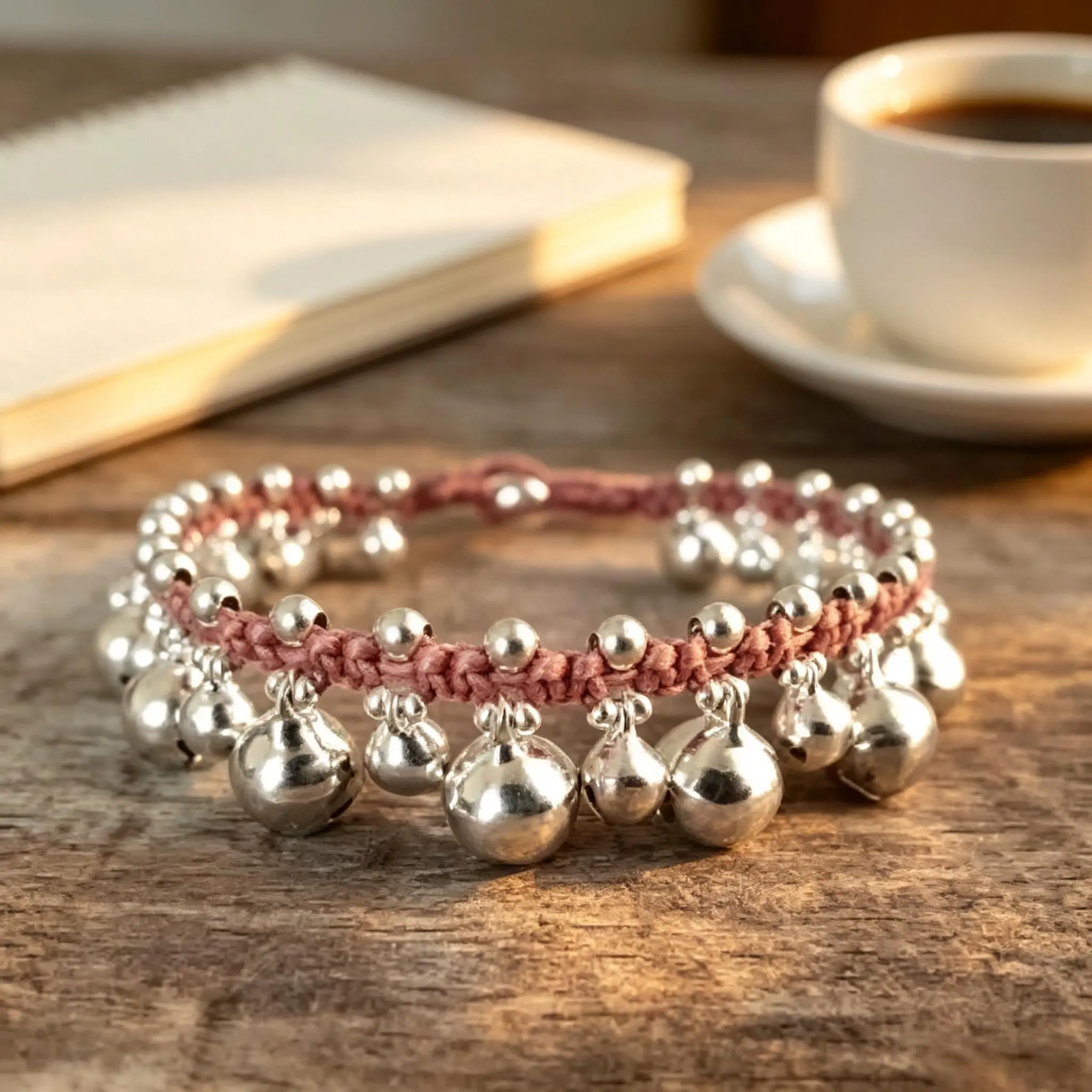 Soul Healing Sounds Pink Woven String Silver Jingle Bell Beaded Adjustable Bracelet for Women everyday accessory jewelry wellness minimalist unique daily wear gift stylish effy money trendy