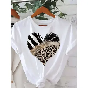 Plus Size Women'S T-Shirt - Zebra & Leopard Animal Print Heart Design |   Casual Round Neck, Short Sleeve, Machine Washable, All-Season Comfort Fit, Trendy Sweatshirt, Soft Fabric