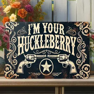 Western Cowboy Metal Sign "I'M YOUR HUCKLEBERRY" 8x12 Inch Rustic Decor with Crossed Revolvers & Ornate Swirls for Bars & Studios