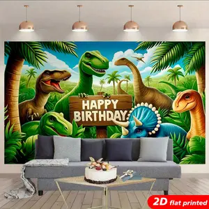 Dinosaur Birthday Tapestry Wall Hanging - 2D Flat Printed Tropical T-Rex & Triceratops Adventure Design, Kids Party Backdrop, Boys Room Decoration