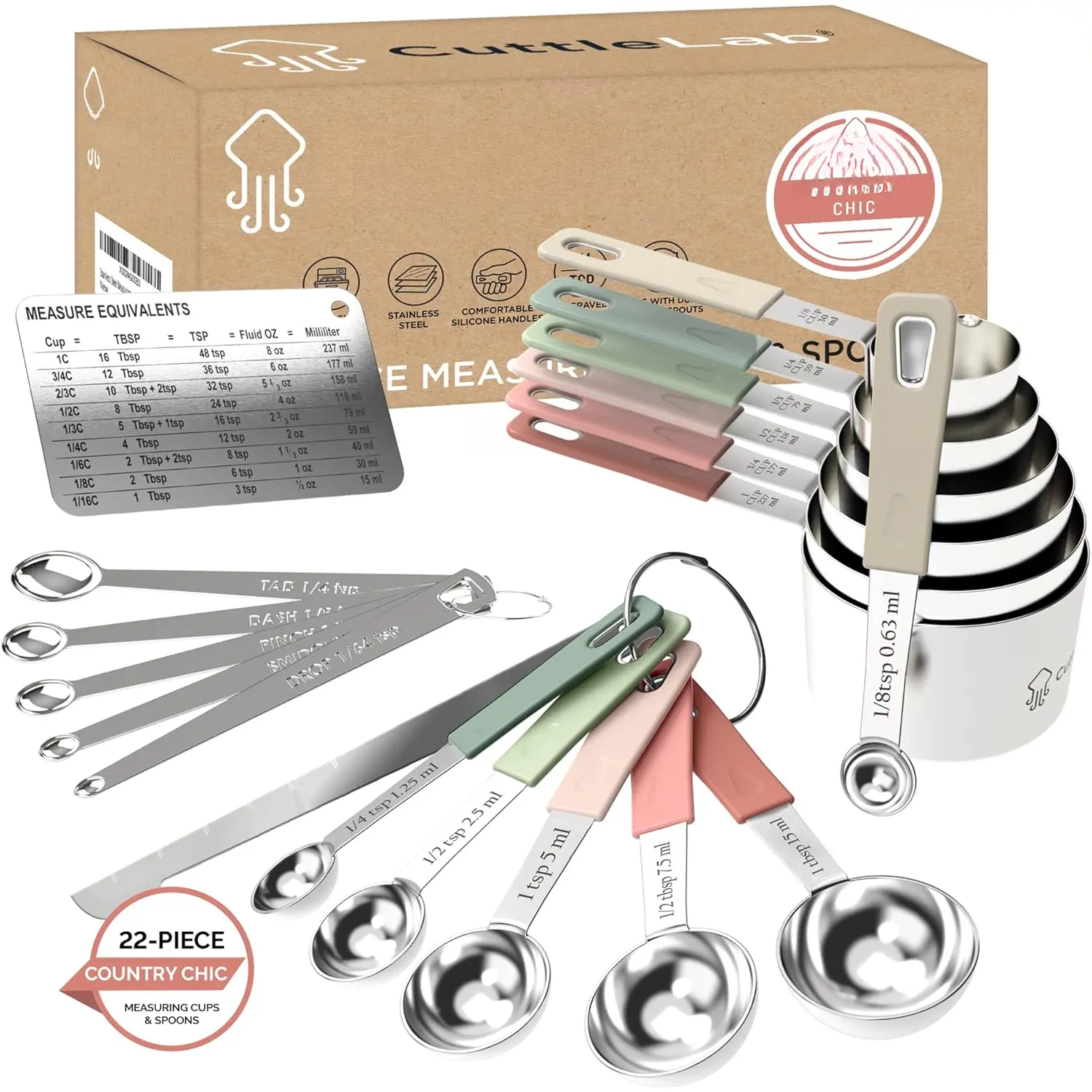 22- Stainless Steel Measuring Cups and Spoons Set, Tad Dash Pinch Smidgen Drop Mini Measuring Spoons, Measuring Stick Leveler, Measurement Conversion Chart Fridge , (Country Chic)