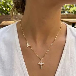 Women's Stainless Steel Necklace with Zirconia Cross Crown Initial Pendant, Casual Fashion Lip Chain Jewelry for All Seasons