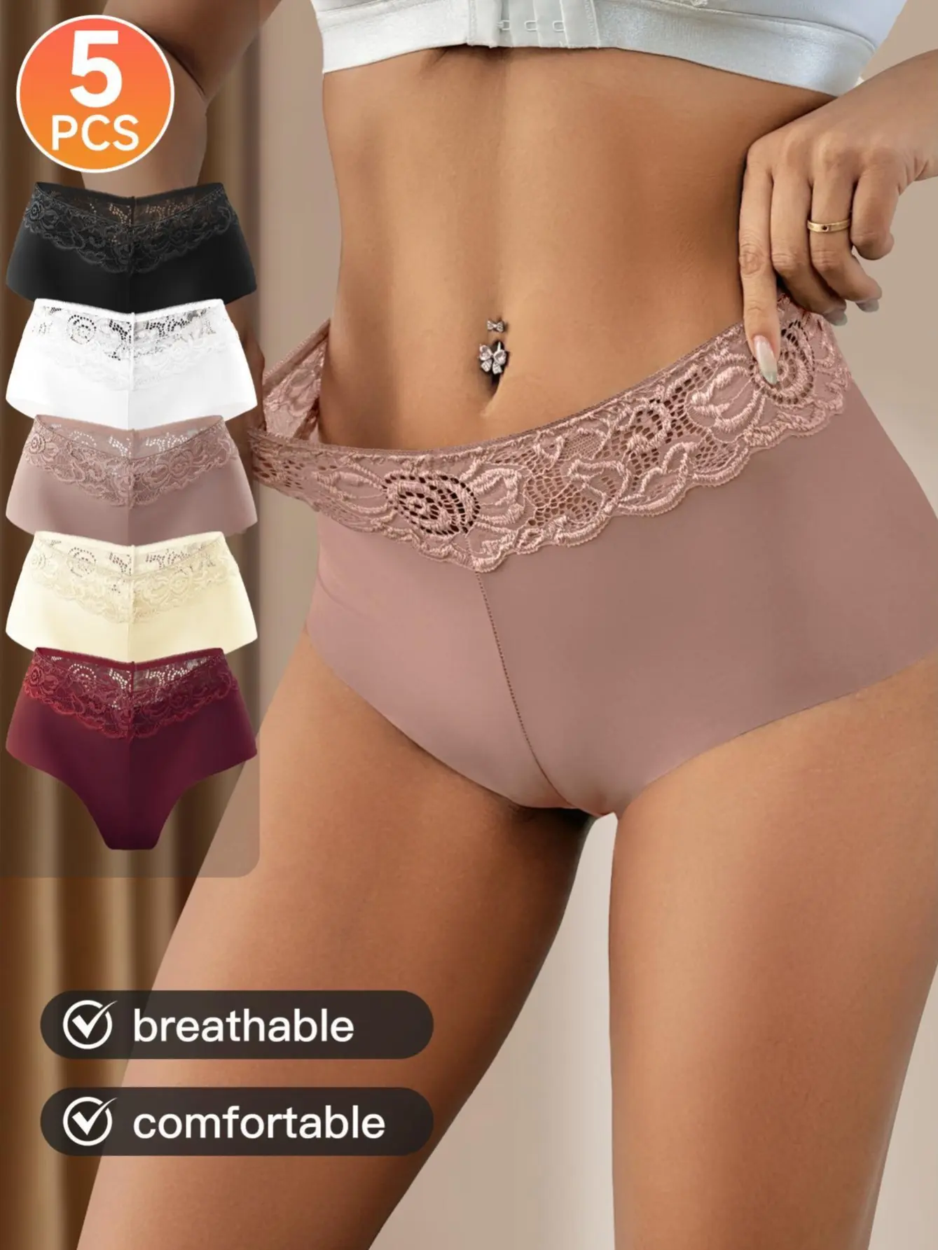 QUASTI Women's 5-Pack Semi-Sheer Floral Lace Cheeky Underwear, Low Waist Solid Seamless Panties with Stretchy Waistband, Silky Smooth Breathable Lightweight Firm Control, Casual Elegant Comfortable Everyday Underwear, S-XXL