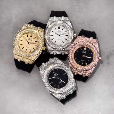 Men's 43mm Iced Out Octagon Watch – Silicone Band, Baguette Dial Quartz Movement Luxury Hip Hop Style Rose Gold Finish