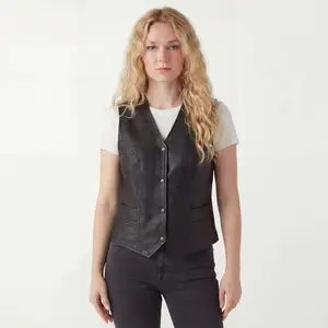 Vance Women’s Classic Black Leather Motorcycle Vest Snap Front Biker Vest with CCW Pockets
