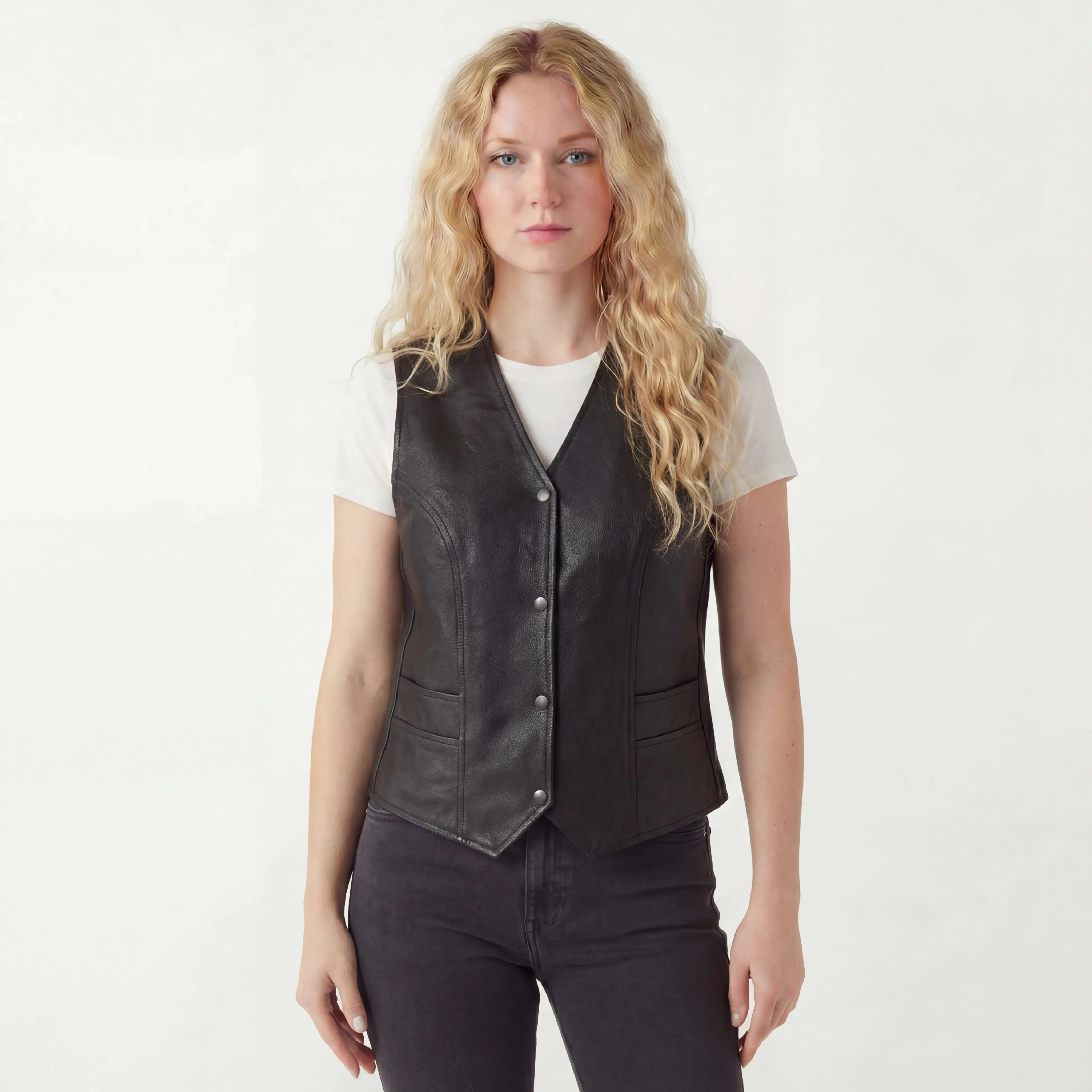 Vance Women’s Classic Black Leather Motorcycle Vest Snap Front Biker Vest with CCW Pockets