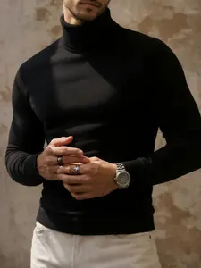Men's Luxury High Neck Knit Sweater, Fall Winter Slim Fit Warm Plain Top, Italian Minimalist Style, Comfortable and Stylish Innerwear
