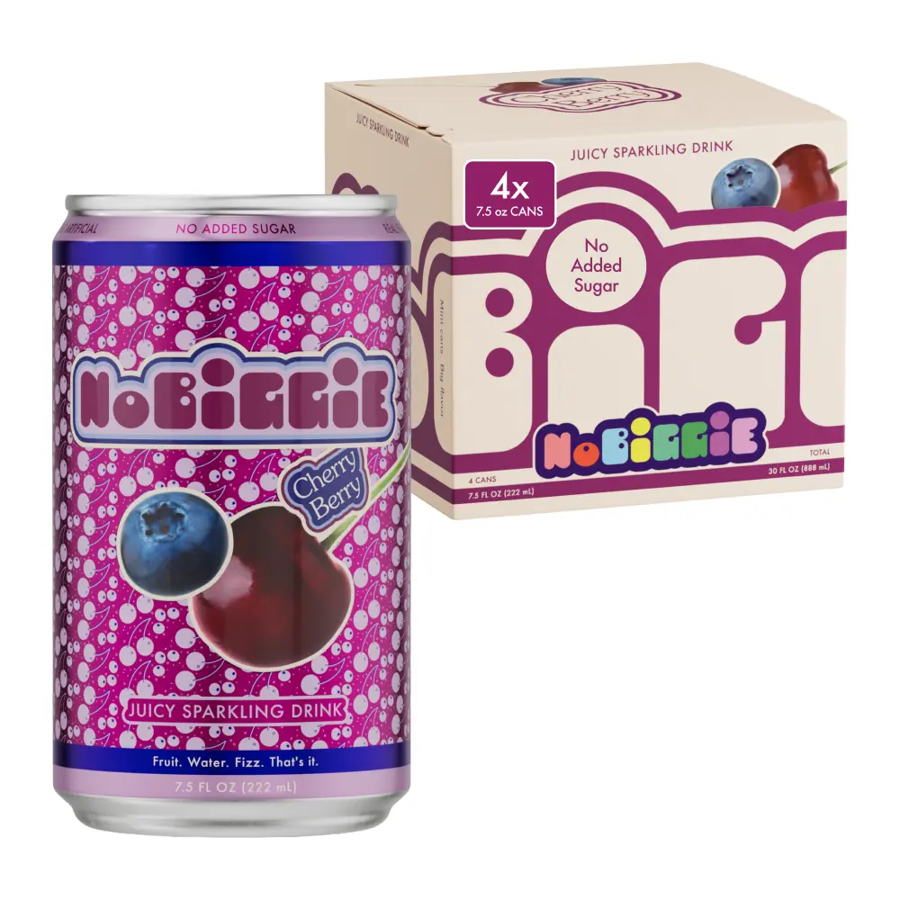 NoBiggie Cherry Berry Sparkling Juice for Kids | 4-Pack Mini Cans | Made with Real Fruit Juices & Purées, 4 x 7.5 fl oz Cans, Only 5g Sugar per Can, No Added Sugar, No Artificial Ingredients