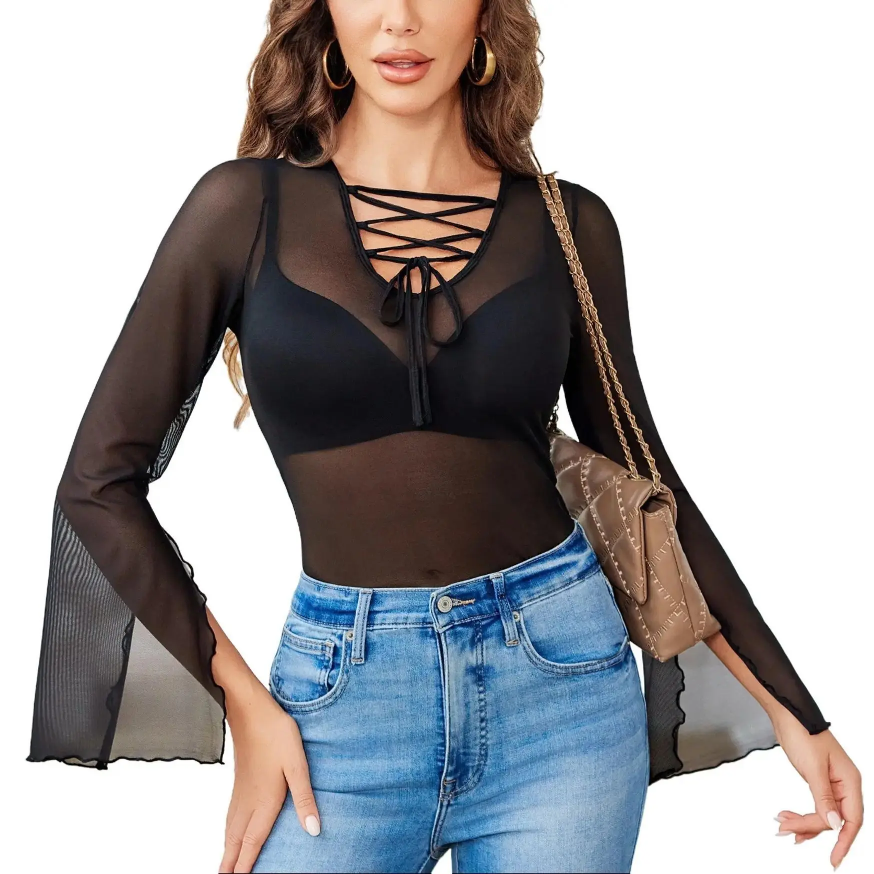 Avidlove Bell Sleeve Criss Cross V Neck Tops for Women Sheer Mesh Shirt Going Out Blouses Avidlove Bell Sleeve Criss Cross V Neck Tops for Women Sheer Mesh Shirt Going Out Blouses