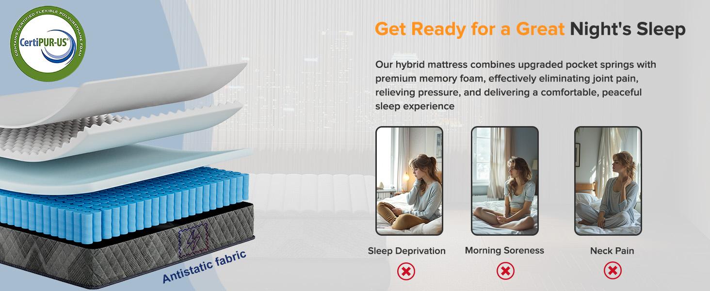 8/10/12 Inch Twin Full Queen King Mattress Memory Foam And Spring Hybrid MattressMedium Firmness Silent motion breathable design and individually pocketed springs Memory foam mattress