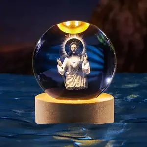 3D Jesus Sacred Heart Crystal Ball LED Night Light - Laser Engraved Christian Glass Sphere with Wooden Base, Religious Catholic Gifts for Women Men, Faith-Based Home Decor for Christmas Easter