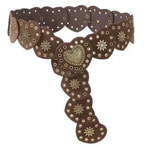 Wide Disc Belt for Women Vintage Hollow Boho Leather Belt Western Chunky Waist Belt Cowboy Metal Buckle Concho Belts fashion casual dress belt stylish belt decorative belt