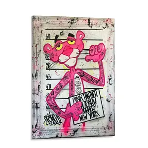 Pink Panther Mugshot Canvas Wall Art, Street Graffiti Pink Panther Poster with Tattoo Elements, Modern Pop Art Canvas Prints for Bedroom Living Room, Hypebeast Pink Panther Home Decor
