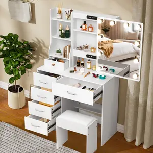 Wooden Dressing Table Makeup Vanity Desk with Mirror Stool Home Bedroom Decor