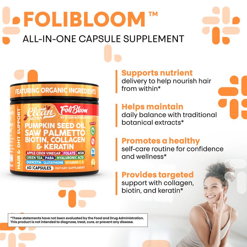 Clean Nutra Pumpkin Seed Oil, Saw Palmetto, Biotin, Collagen & Keratin Hair Supplement for Healthy Growth & DHT Balance - Foli Bloom
