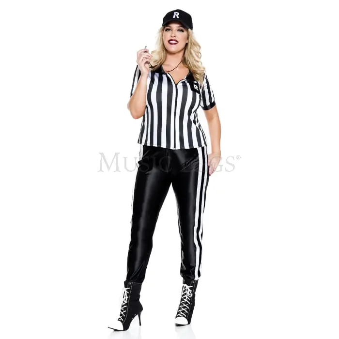 Music Legs Women's Plus Size Matching Striped Half-Time Referee Costume Set - Black & White, 4-Piece Polyester Blend, Size 1-2X, Whistle Included, for Football Fashion Watch Parties