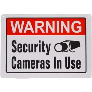 843296 Warning Security Cameras In Use Sign, White, Red and Black Aluminum Metal, 10x14 Inches 1-Sign
