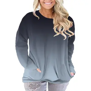 Plus-Size-Tops for Women Fashion fall Long Sleeve Gradient color Casual Tunics V Neck Pockets Shirts Slimming and figure-enhancing RPS2004