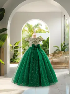 Girl's Bow Decor Sequins Tulle Formal Dress, Elegant Round Neck Satin Dress for Party Performance Wedding Guest, Kids Clothes for All Seasons