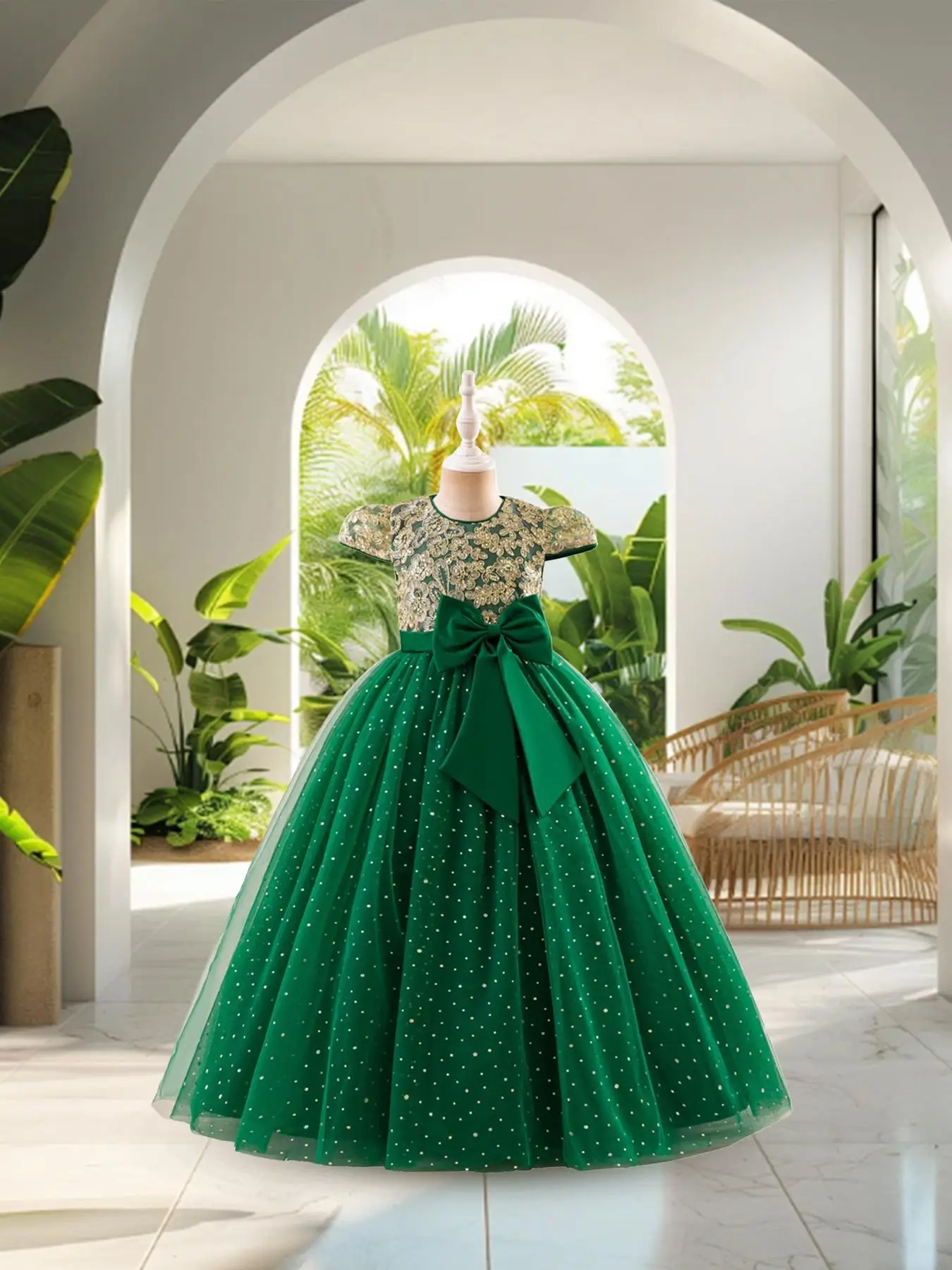 Girl's Bow Decor Sequins Tulle Formal Dress, Elegant Round Neck Satin Dress for Party Performance Wedding Guest, Kids Clothes for All Seasons